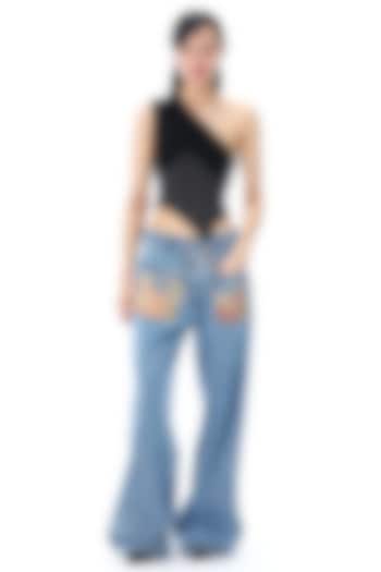 Denim Blue Cotton Embroidered & Printed Pants by Kanika Goyal at Pernia's Pop Up Shop