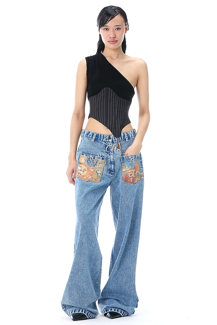 Denim Blue Cotton Embroidered & Printed Pants by Kanika Goyal at Pernia's Pop Up Shop