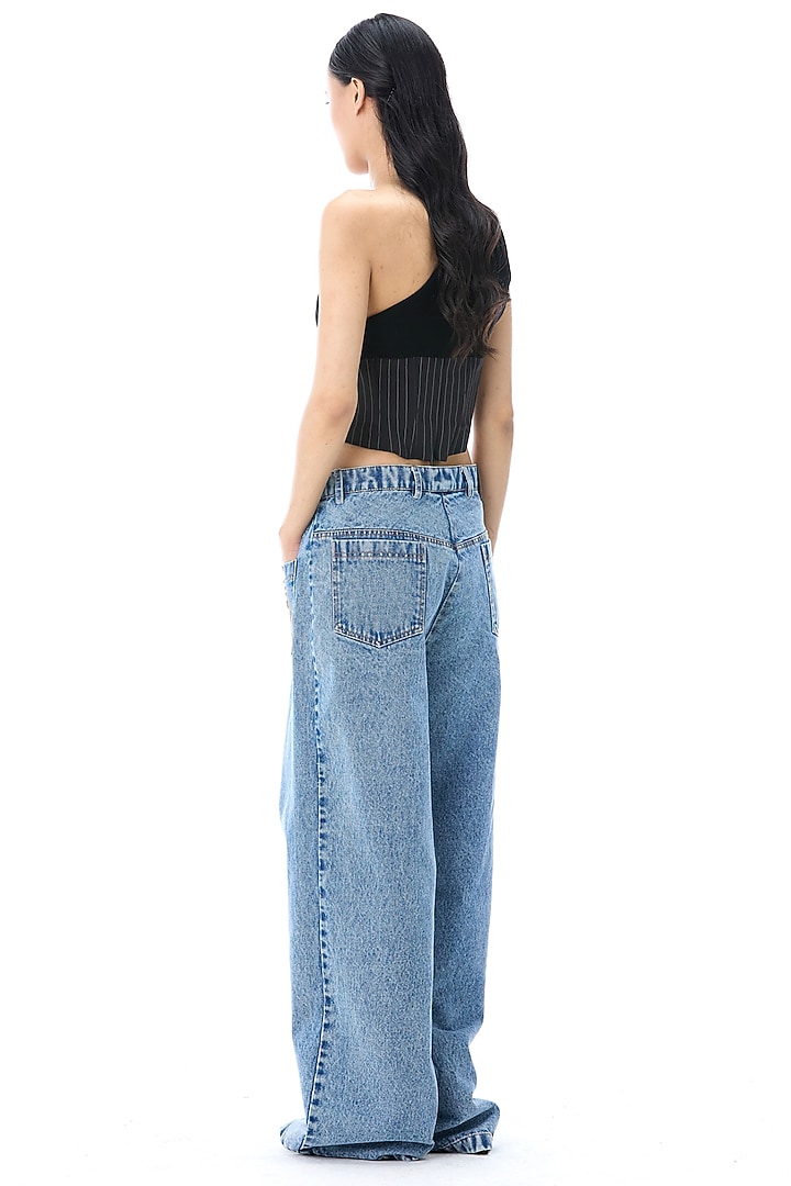 Denim Blue Cotton Embroidered & Printed Pants by Kanika Goyal at Pernia's Pop Up Shop