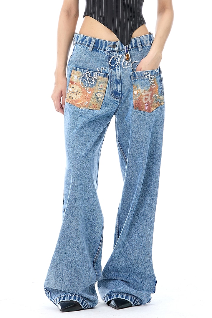 Denim Blue Cotton Embroidered & Printed Pants by Kanika Goyal at Pernia's Pop Up Shop