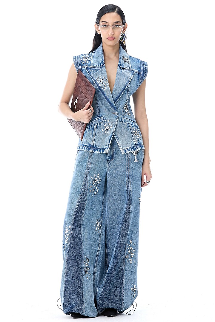 Denim Blue Cotton Embellished Gilet by Kanika Goyal at Pernia's Pop Up Shop