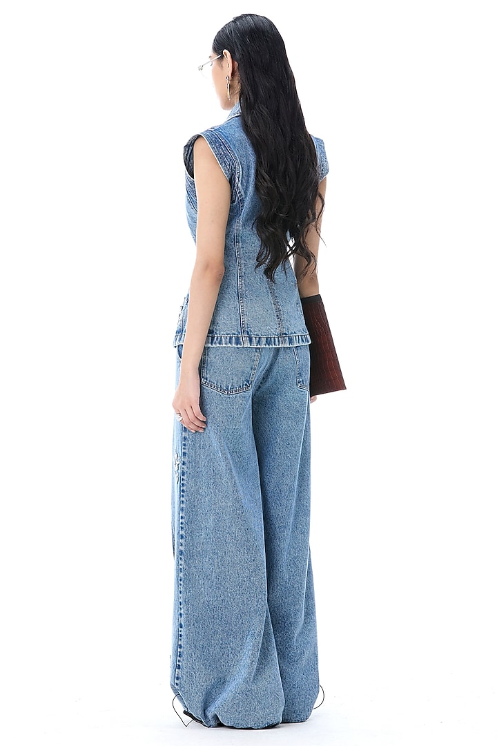 Denim Blue Cotton Embellished Gilet by Kanika Goyal at Pernia's Pop Up Shop