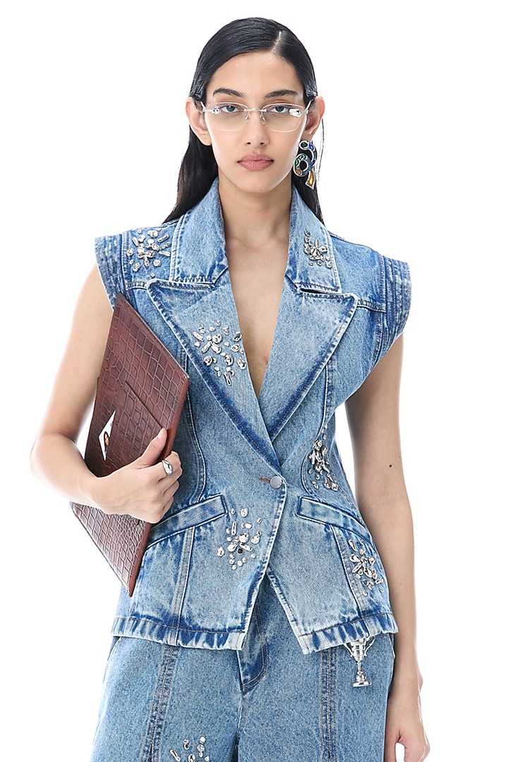 Denim Blue Cotton Embellished Gilet by Kanika Goyal at Pernia's Pop Up Shop