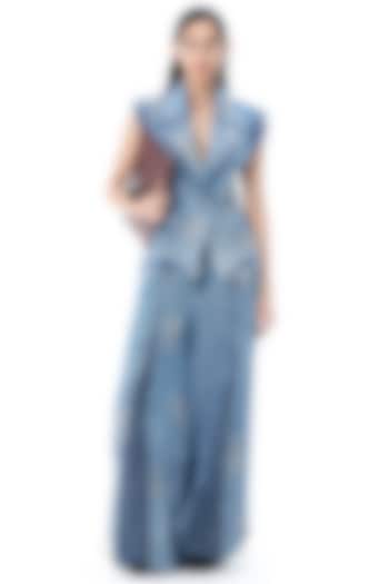Denim Blue Cotton Embellished Wide-Legged Pants by Kanika Goyal at Pernia's Pop Up Shop