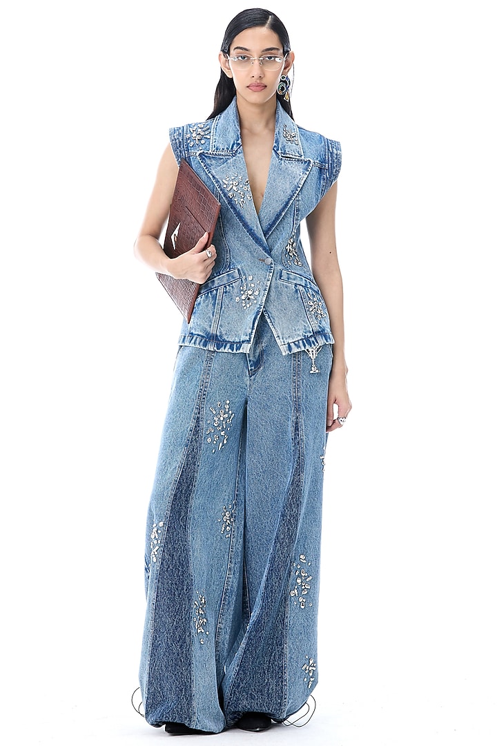 Denim Blue Cotton Embellished Wide-Legged Pants by Kanika Goyal at Pernia's Pop Up Shop