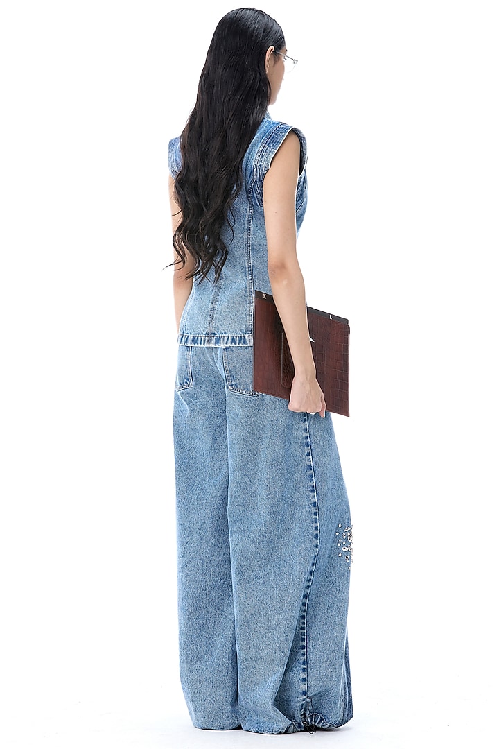 Denim Blue Cotton Embellished Wide-Legged Pants by Kanika Goyal at Pernia's Pop Up Shop