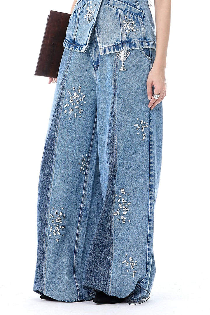 Denim Blue Cotton Embellished Wide-Legged Pants by Kanika Goyal at Pernia's Pop Up Shop