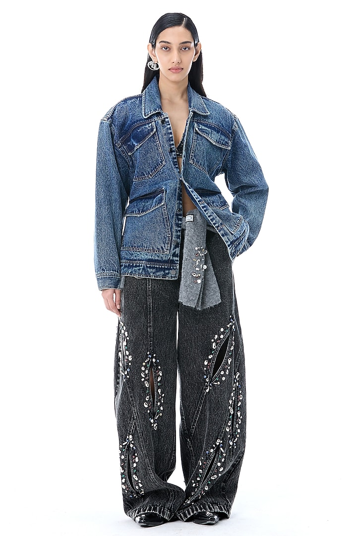 Denim Blue Cotton Oversized Jacket by Kanika Goyal at Pernia's Pop Up Shop
