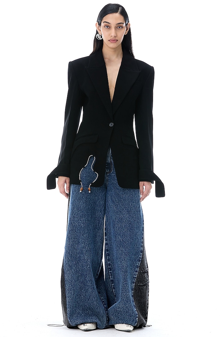 Black Polyester Blazer by Kanika Goyal at Pernia's Pop Up Shop