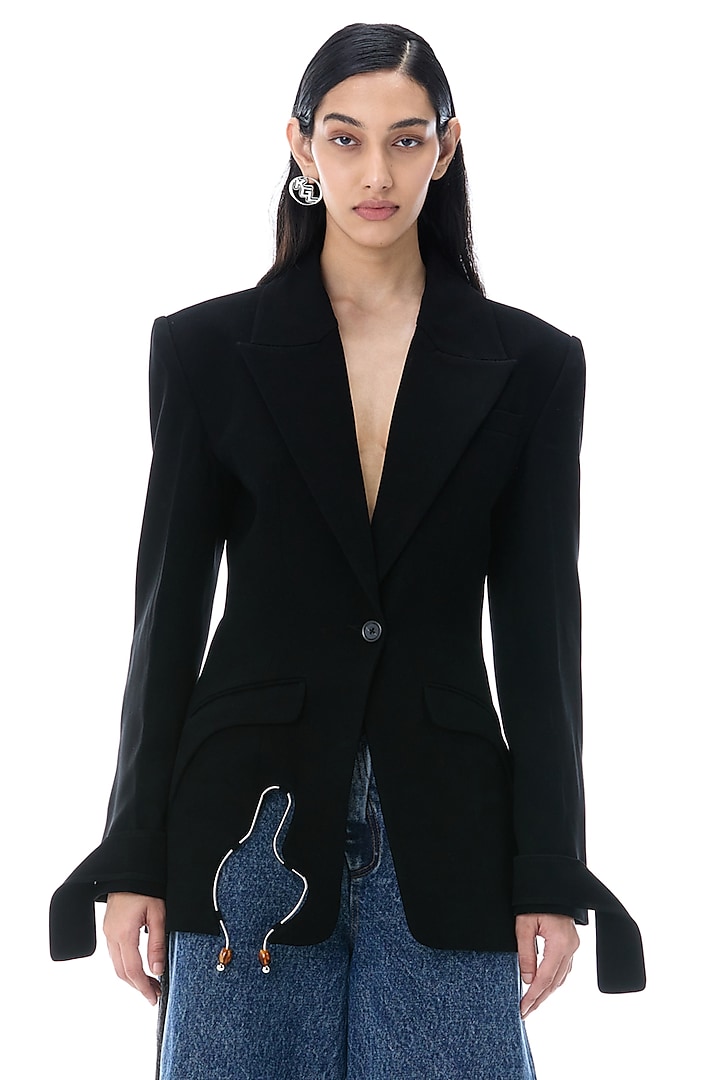 Black Polyester Blazer by Kanika Goyal at Pernia's Pop Up Shop