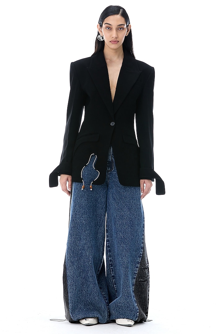 Denim Blue & Black Cotton Oversized Pants by Kanika Goyal at Pernia's Pop Up Shop