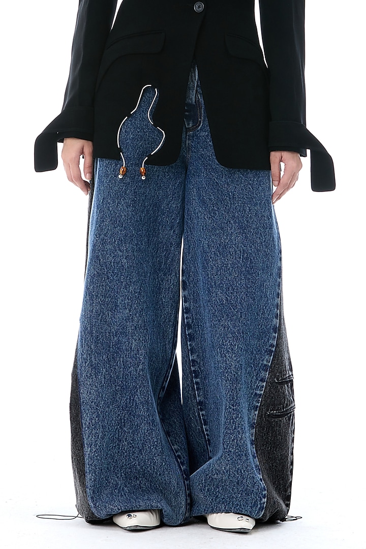 Denim Blue & Black Cotton Oversized Pants by Kanika Goyal at Pernia's Pop Up Shop
