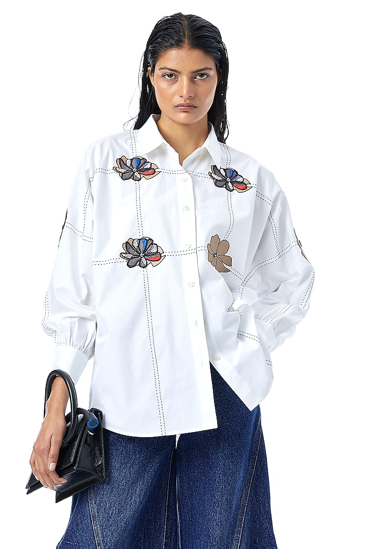 White Cotton Applique Hand Embellished Shirt by Kanika Goyal