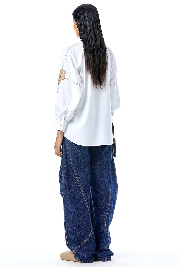 White Cotton Applique Hand Embellished Shirt by Kanika Goyal at Pernia's Pop Up Shop