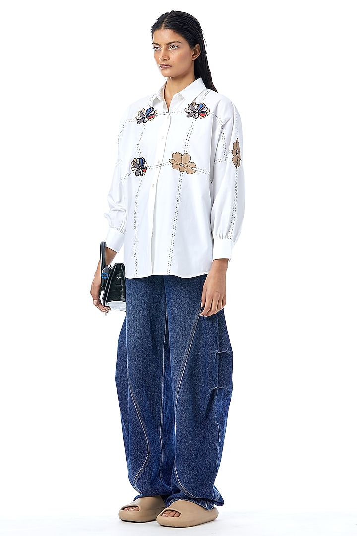 White Cotton Applique Hand Embellished Shirt by Kanika Goyal at Pernia's Pop Up Shop