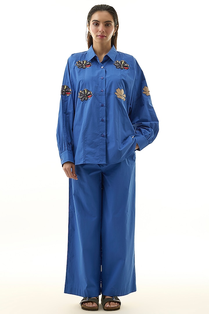 Blue Cotton Leather Applique Embellished Co-ord Set by Kanika Goyal at Pernia's Pop Up Shop