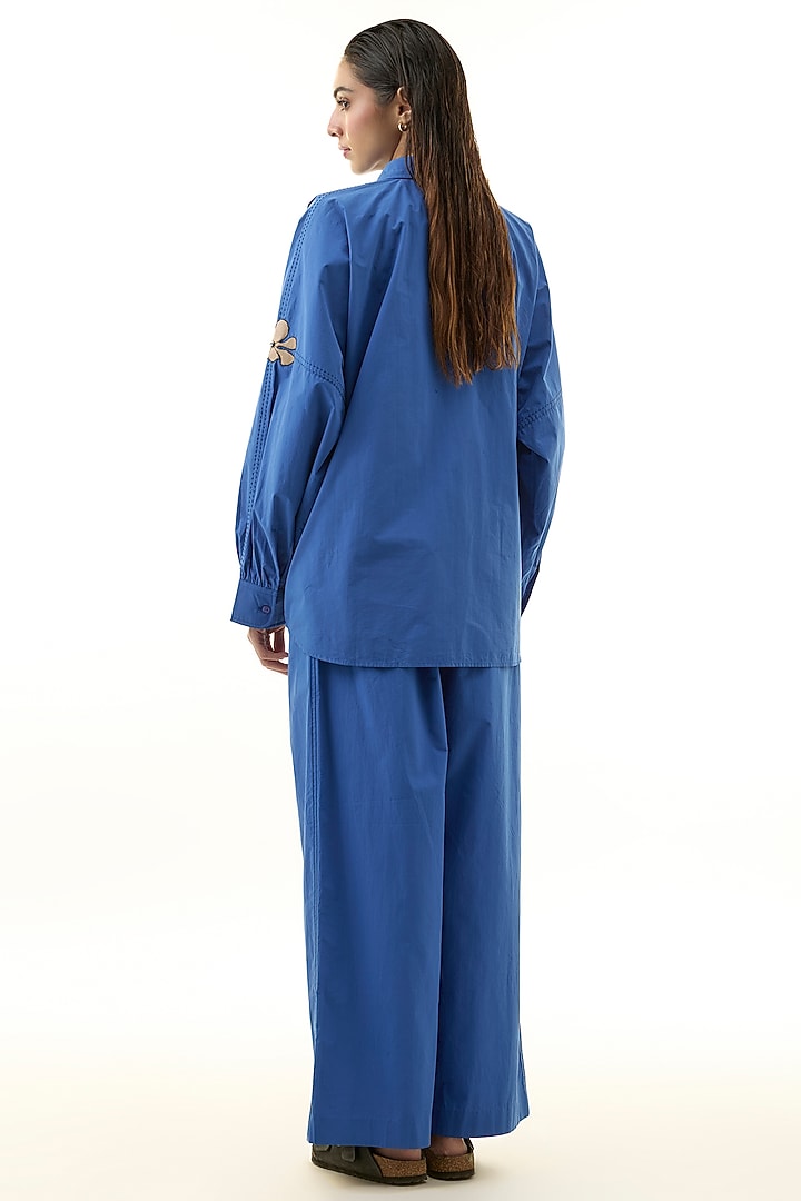 Blue Cotton Leather Applique Embellished Co-ord Set by Kanika Goyal at Pernia's Pop Up Shop