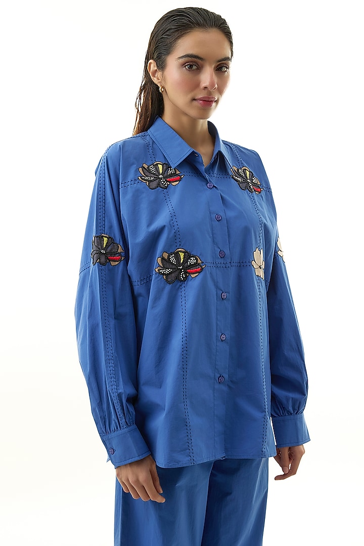 Blue Cotton Leather Applique Embellished Co-ord Set by Kanika Goyal at Pernia's Pop Up Shop