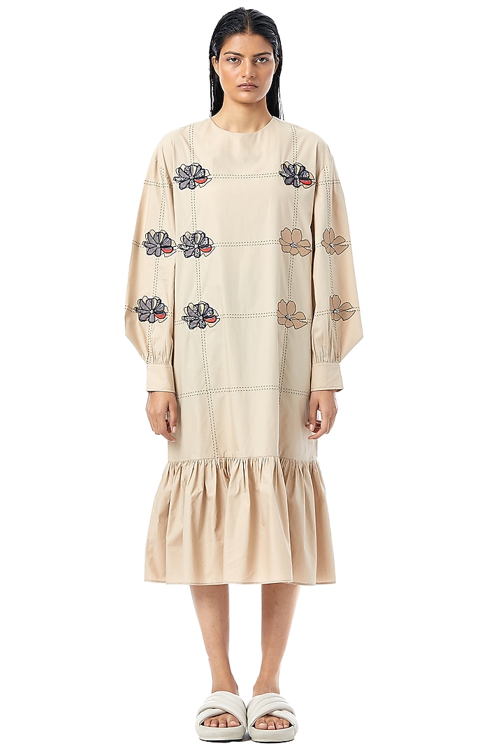 Beige Cotton Embellished Ruffled Midi Dress by Kanika Goyal