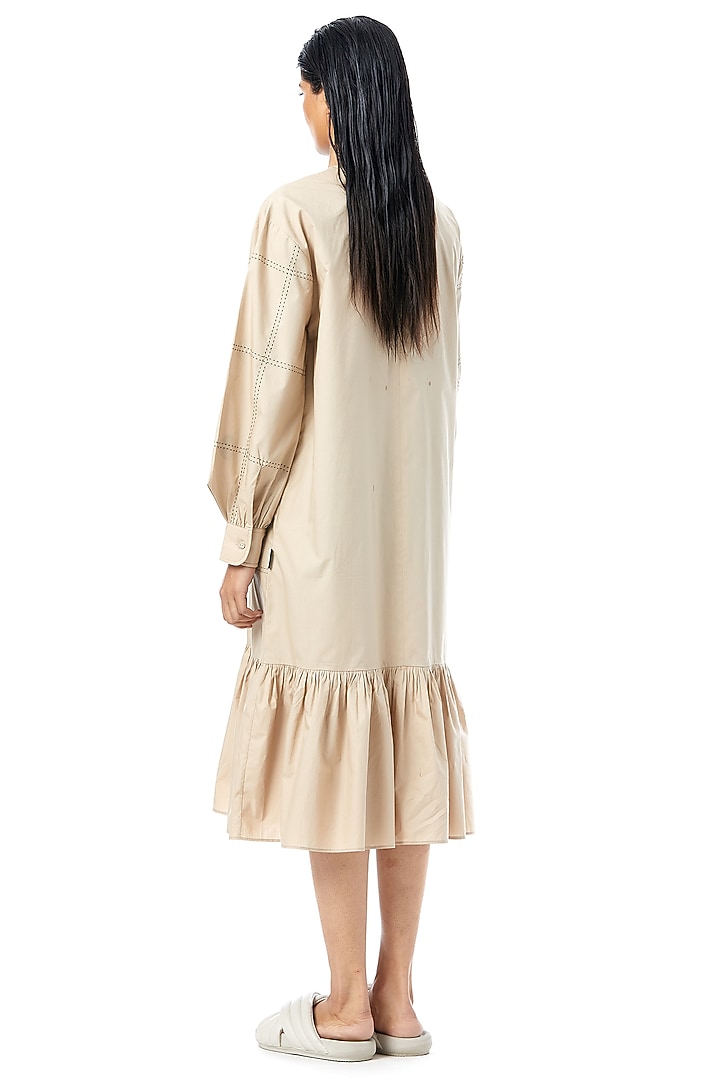 Beige Cotton Embellished Ruffled Midi Dress by Kanika Goyal at Pernia's Pop Up Shop