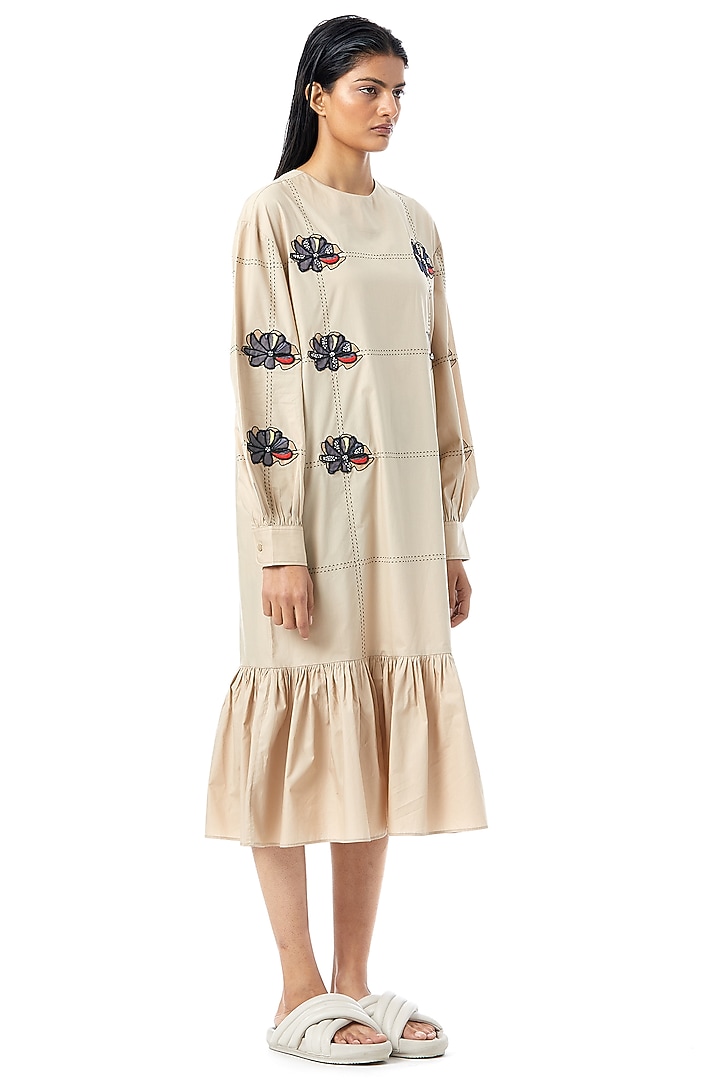 Beige Cotton Embellished Ruffled Midi Dress by Kanika Goyal at Pernia's Pop Up Shop