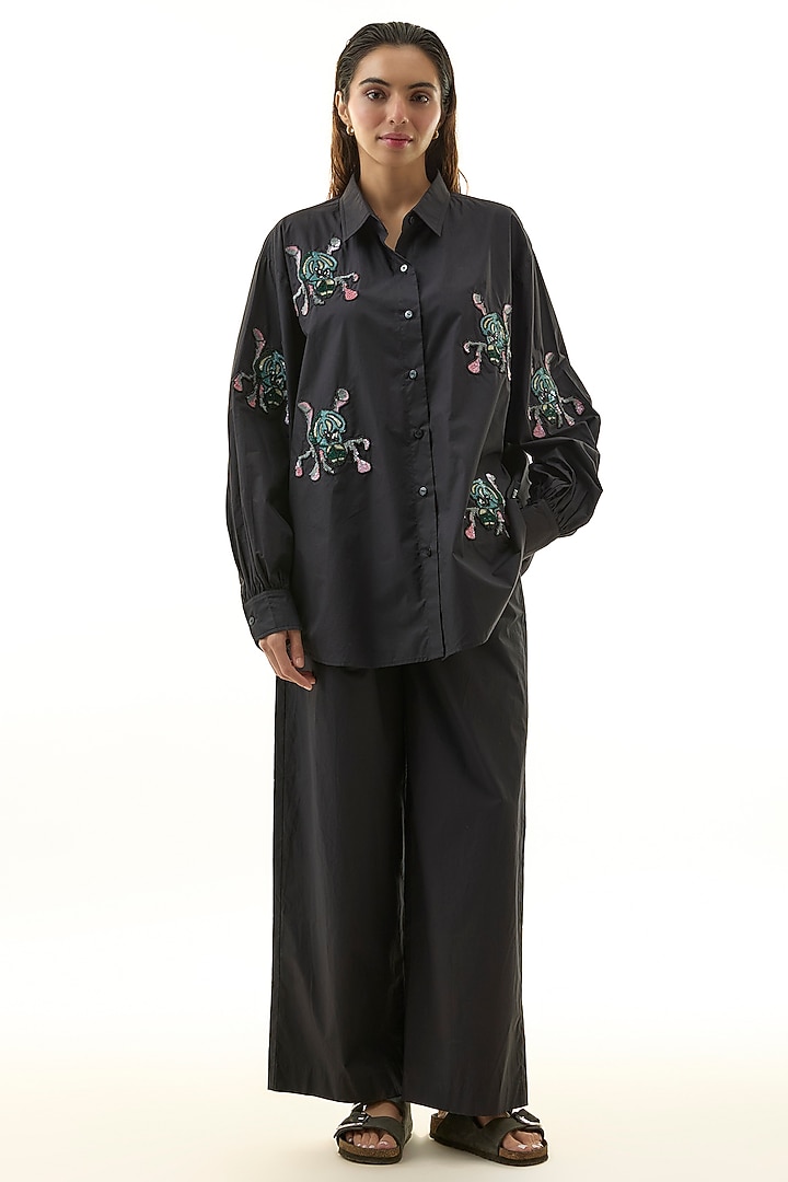 Black Cotton Embellished Co-ord Set by Kanika Goyal at Pernia's Pop Up Shop