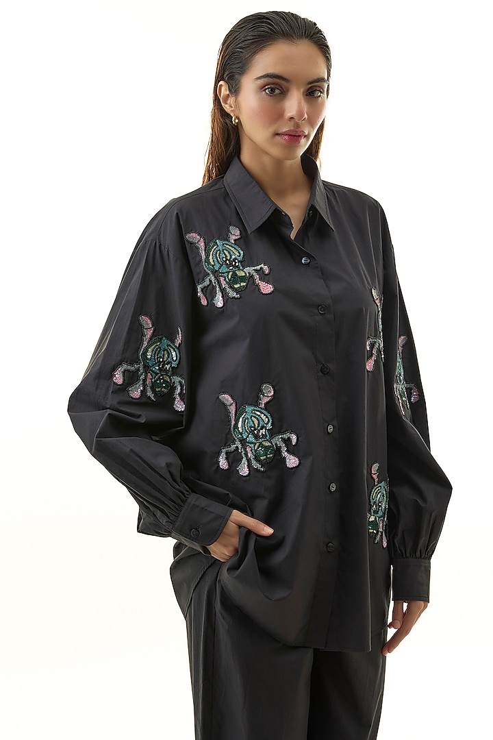 Black Cotton Embellished Co-ord Set by Kanika Goyal at Pernia's Pop Up Shop