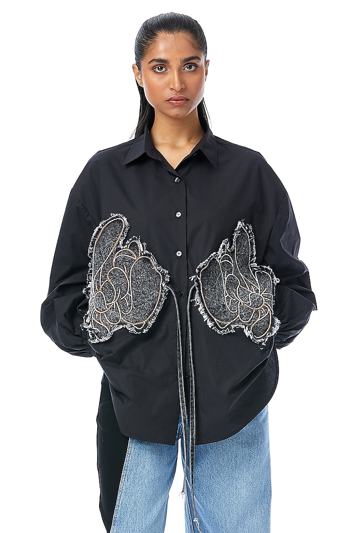 Black Cotton Applique Work Oversized Shirt by Kanika Goyal