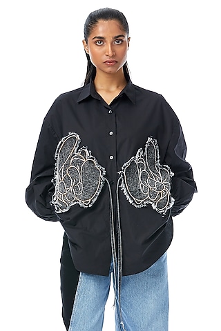Black Cotton Applique Work Oversized Shirt by Kanika Goyal