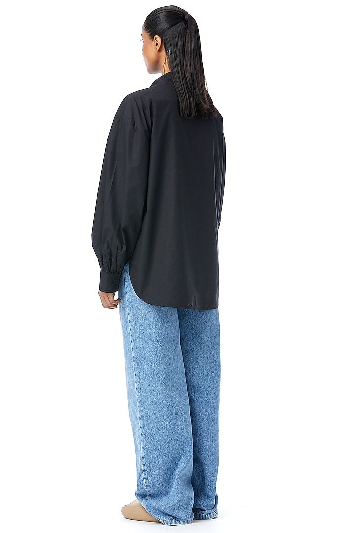 Black Cotton Applique Work Oversized Shirt by Kanika Goyal at Pernia's Pop Up Shop