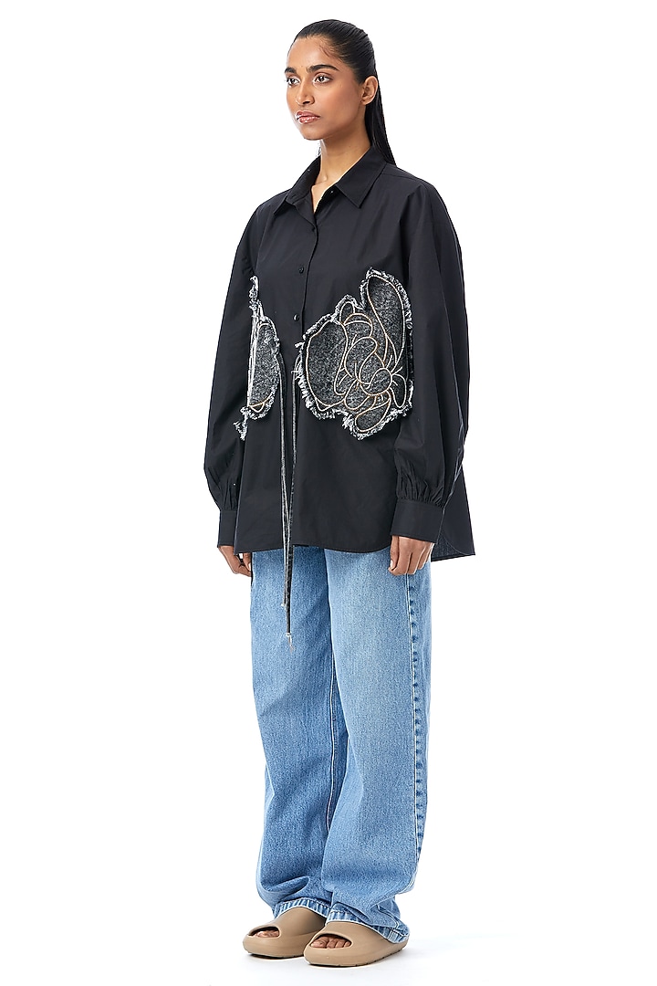 Black Cotton Applique Work Oversized Shirt by Kanika Goyal at Pernia's Pop Up Shop