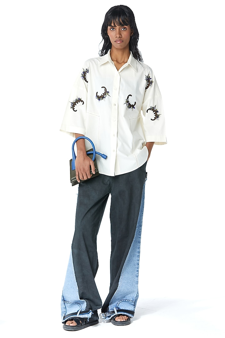 White Cotton Embellished Shirt by Kanika Goyal at Pernia's Pop Up Shop