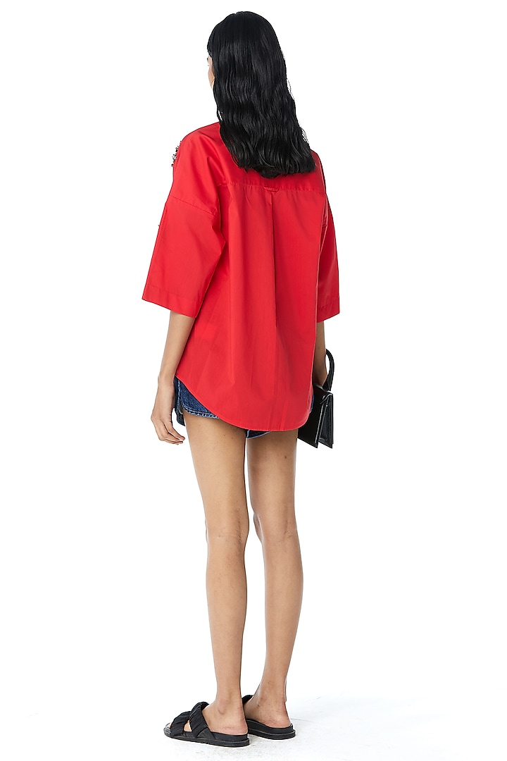 Red Cotton Embellished Shirt by Kanika Goyal at Pernia's Pop Up Shop