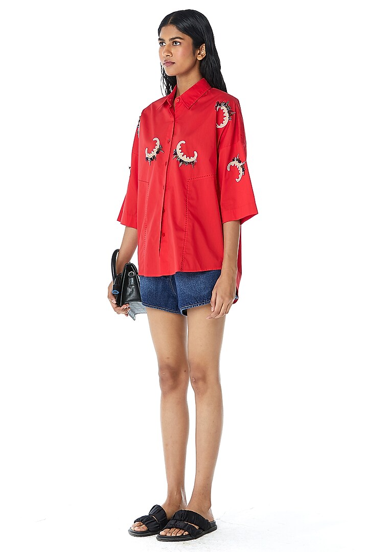 Red Cotton Embellished Shirt by Kanika Goyal at Pernia's Pop Up Shop