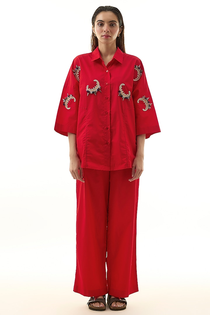 Red Cotton Embellished Co-ord Set by Kanika Goyal at Pernia's Pop Up Shop