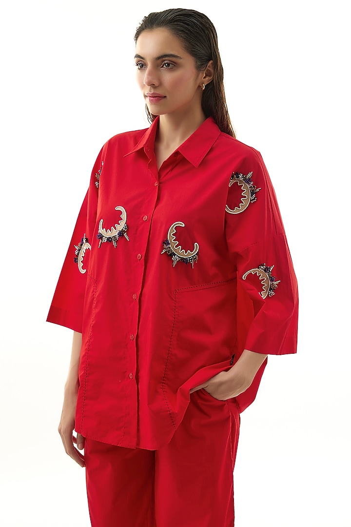 Red Cotton Embellished Co-ord Set by Kanika Goyal at Pernia's Pop Up Shop