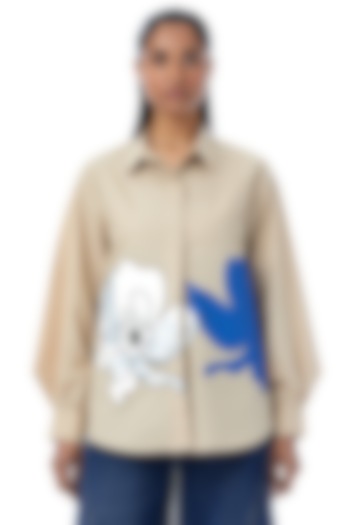 Beige Cotton Applique Embellished Shirt by Kanika Goyal at Pernia's Pop Up Shop