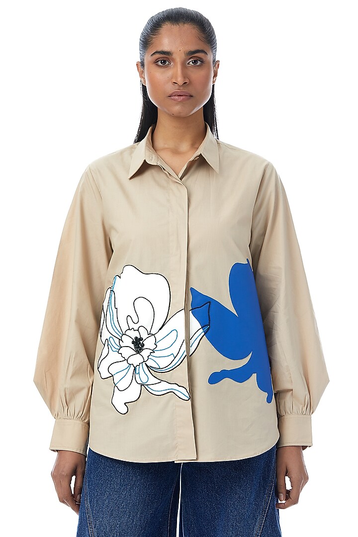 Beige Cotton Applique Embellished Shirt by Kanika Goyal at Pernia's Pop Up Shop