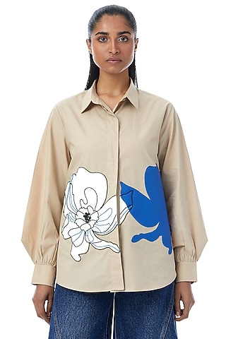 Beige Cotton Applique Embellished Shirt by Kanika Goyal