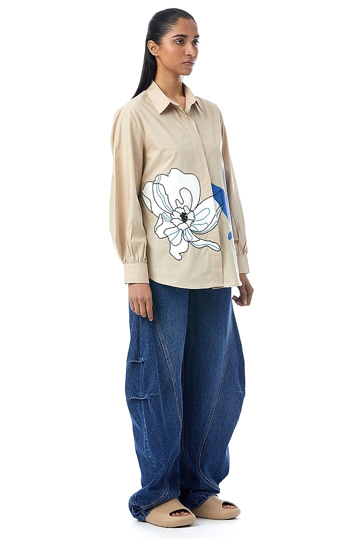 Beige Cotton Applique Embellished Shirt by Kanika Goyal at Pernia's Pop Up Shop