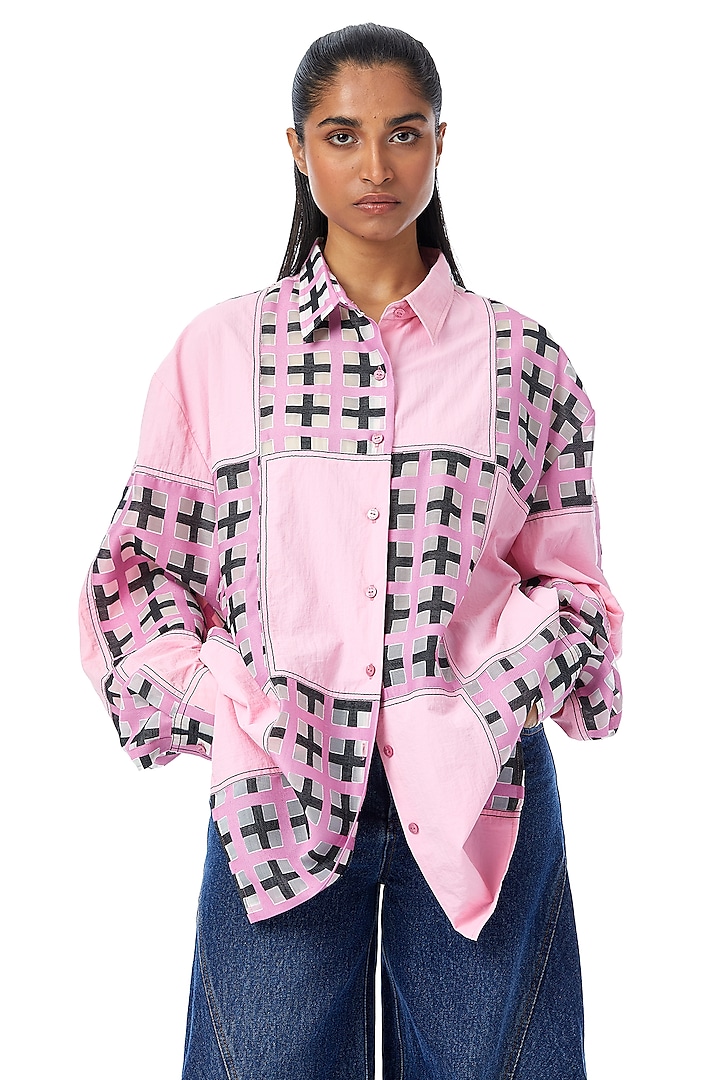 Pink Cotton Grid-Blocked Oversized Shirt by Kanika Goyal