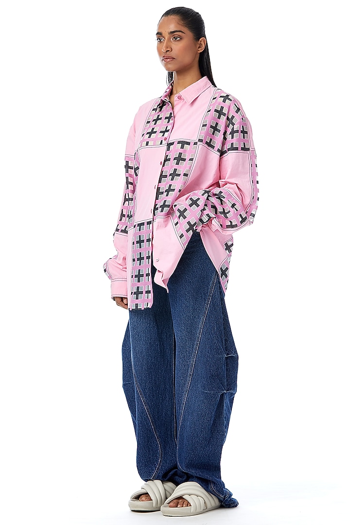 Pink Cotton Grid-Blocked Oversized Shirt by Kanika Goyal at Pernia's Pop Up Shop