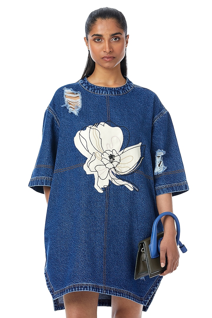 Dark Blue Cotton Applique Work Mini Dress by Kanika Goyal