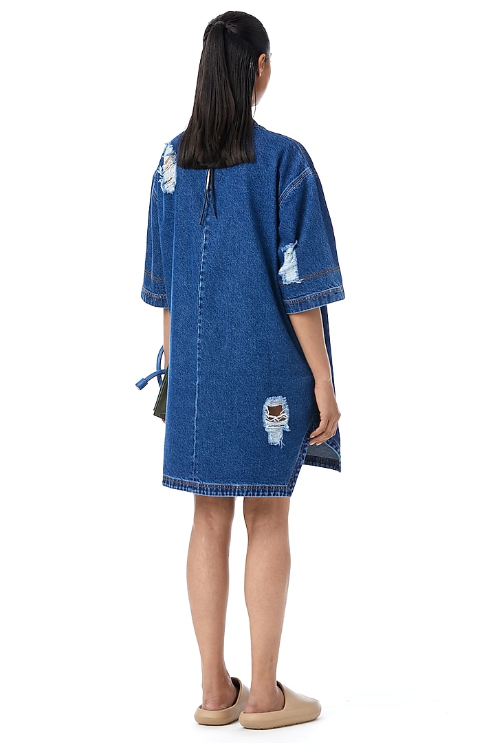 Dark Blue Cotton Applique Work Mini Vacation Dress by Kanika Goyal at Pernia's Pop Up Shop