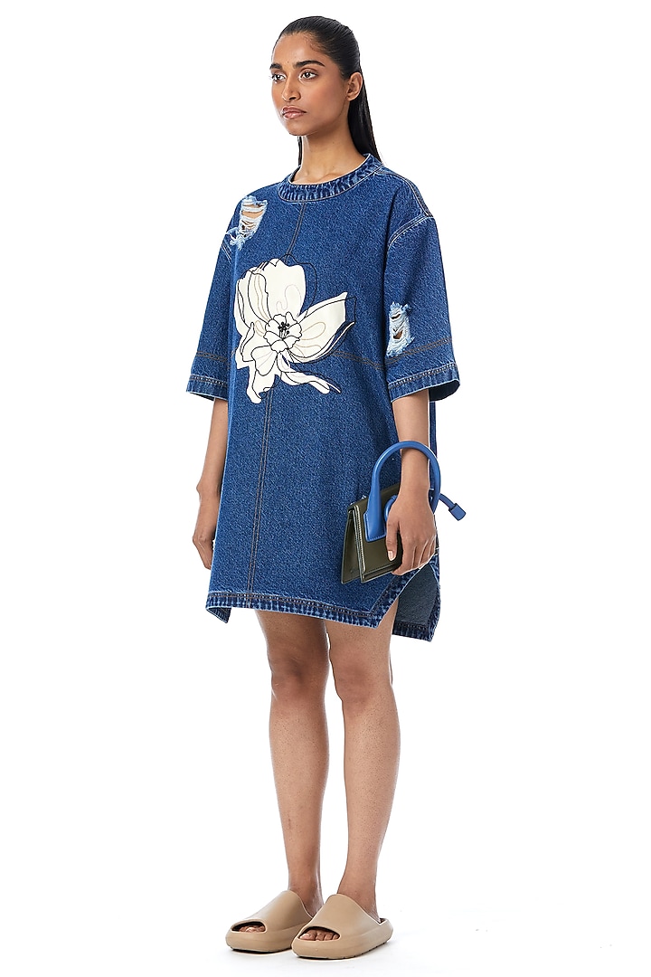 Dark Blue Cotton Applique Work Mini Vacation Dress by Kanika Goyal at Pernia's Pop Up Shop