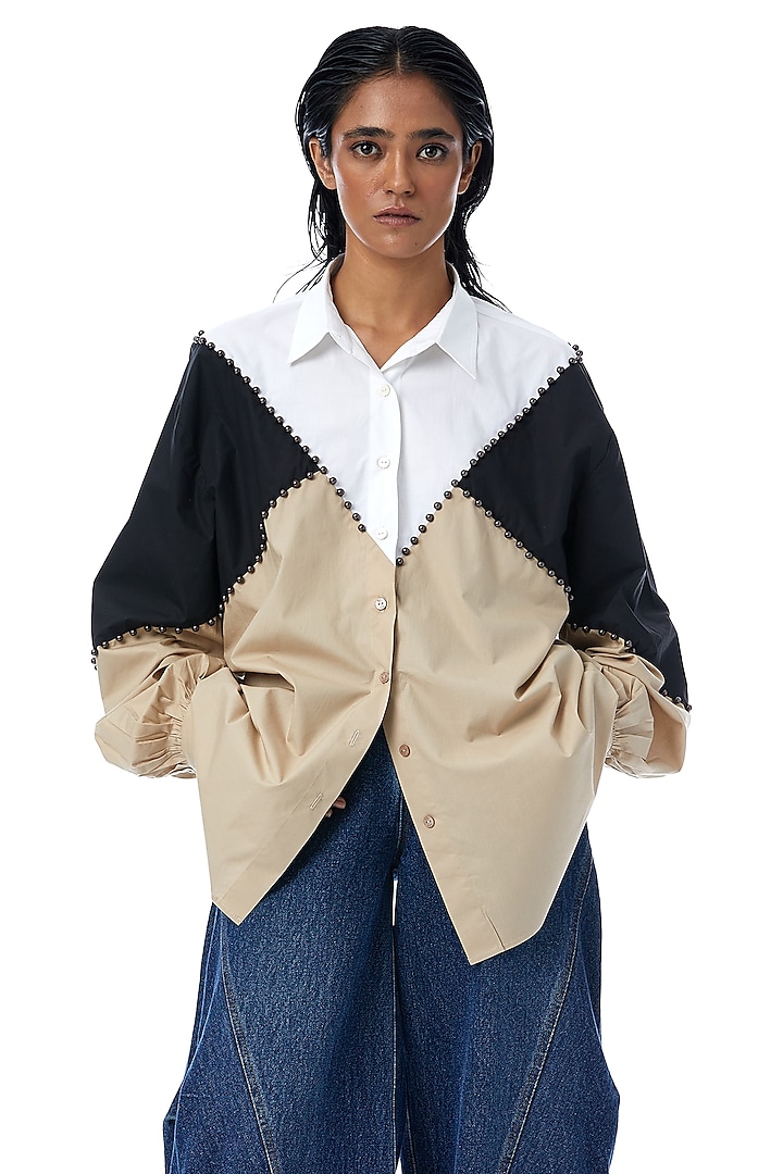 Beige & Black Cotton Hand Embellished Color-Blocked Shirt by Kanika Goyal at Pernia's Pop Up Shop