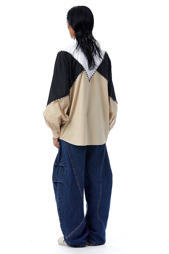 Beige & Black Cotton Hand Embellished Color-Blocked Shirt by Kanika Goyal at Pernia's Pop Up Shop