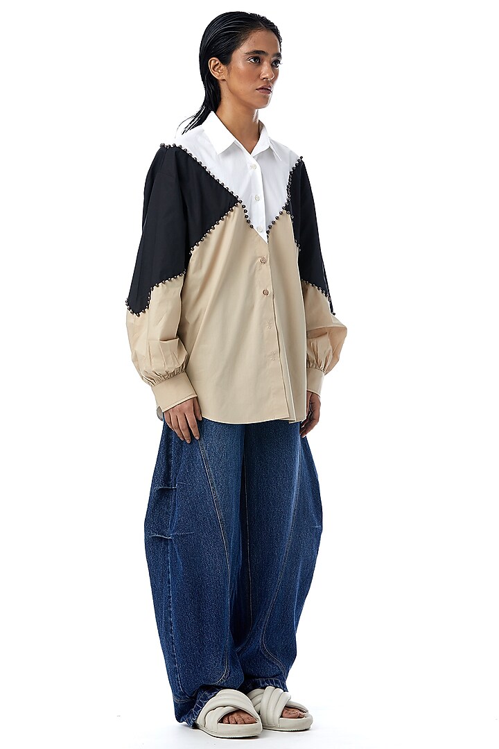 Beige & Black Cotton Hand Embellished Color-Blocked Shirt by Kanika Goyal at Pernia's Pop Up Shop