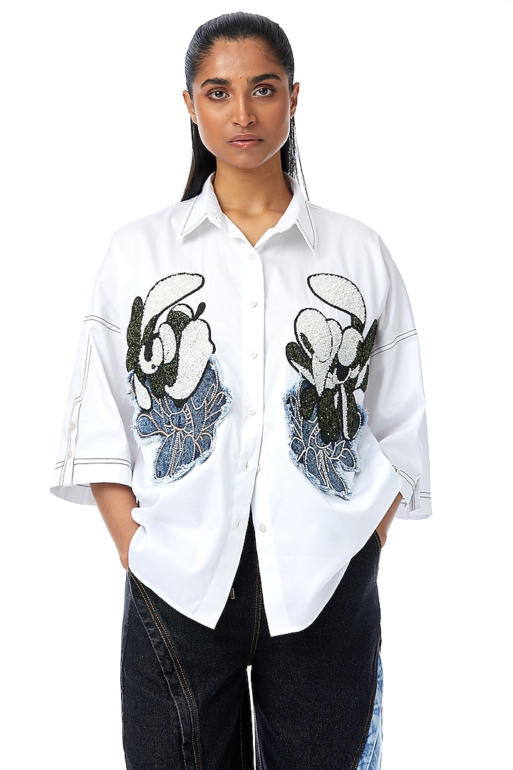 White Cotton Applique Embellished Shirt by Kanika Goyal