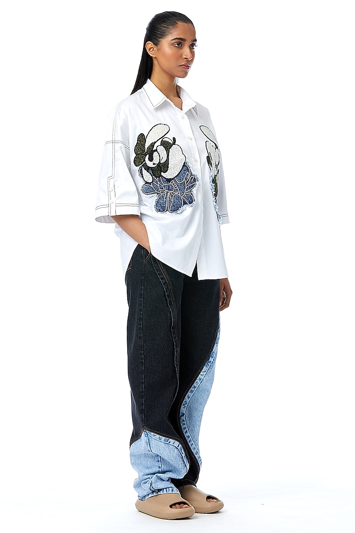 White Cotton Applique Embellished Shirt by Kanika Goyal at Pernia's Pop Up Shop